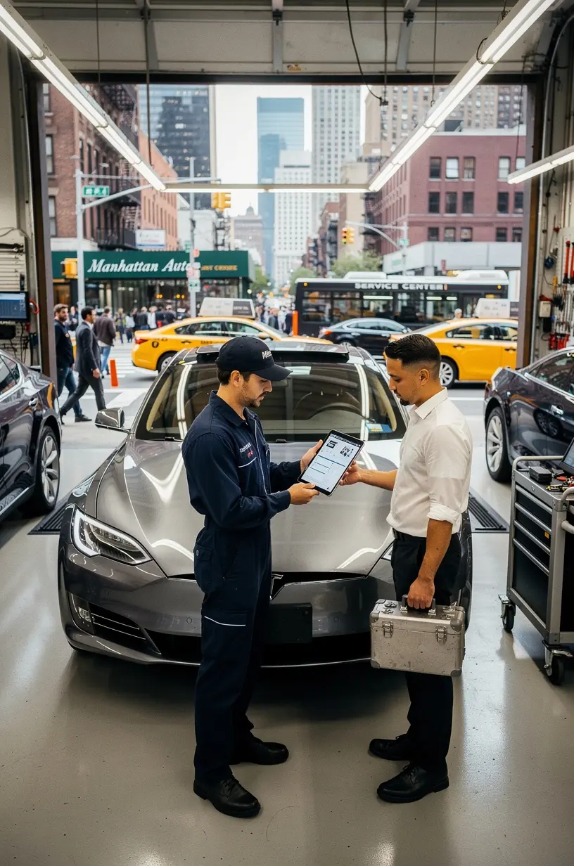 Service advisor consulting with a client about scheduled maintenance plans for high-end cars navigating dense urban traffic