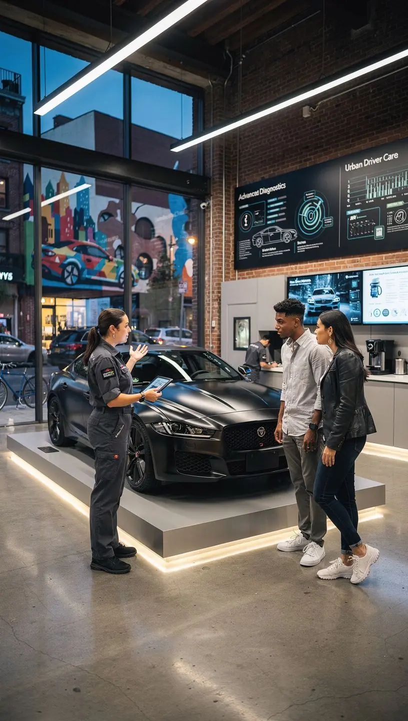 Close-up of luxury car tire and brake system being carefully serviced with precision equipment in a city garage environment